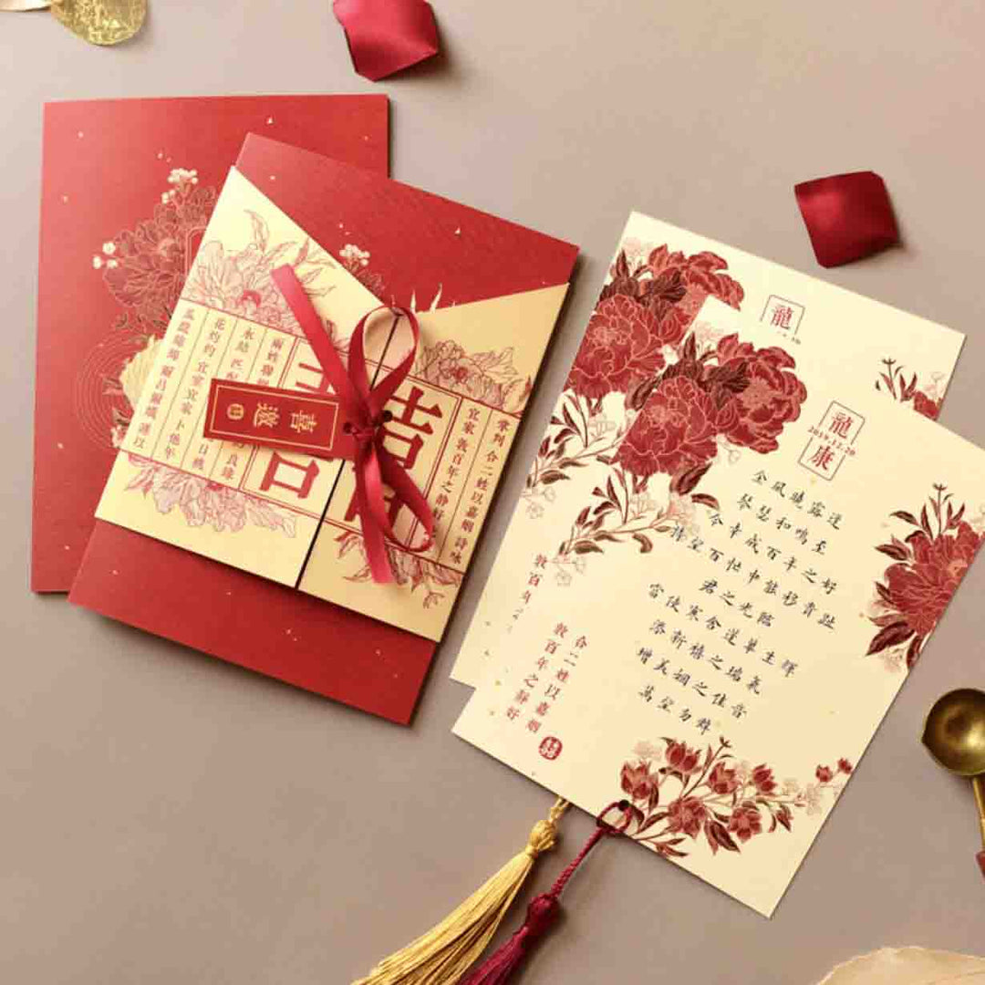 60 SETS Traditional Chinese Oriental Red Floral Wedding Invitations