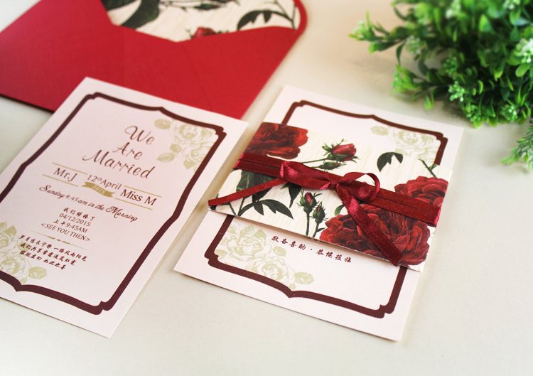 40 SETS Red Rose Wedding Invitations With Rose Envelope Lining