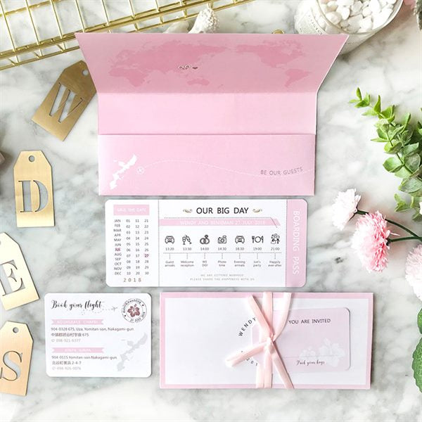 60 PCS Boarding Pass & Map Wedding Invite with Pink Theme